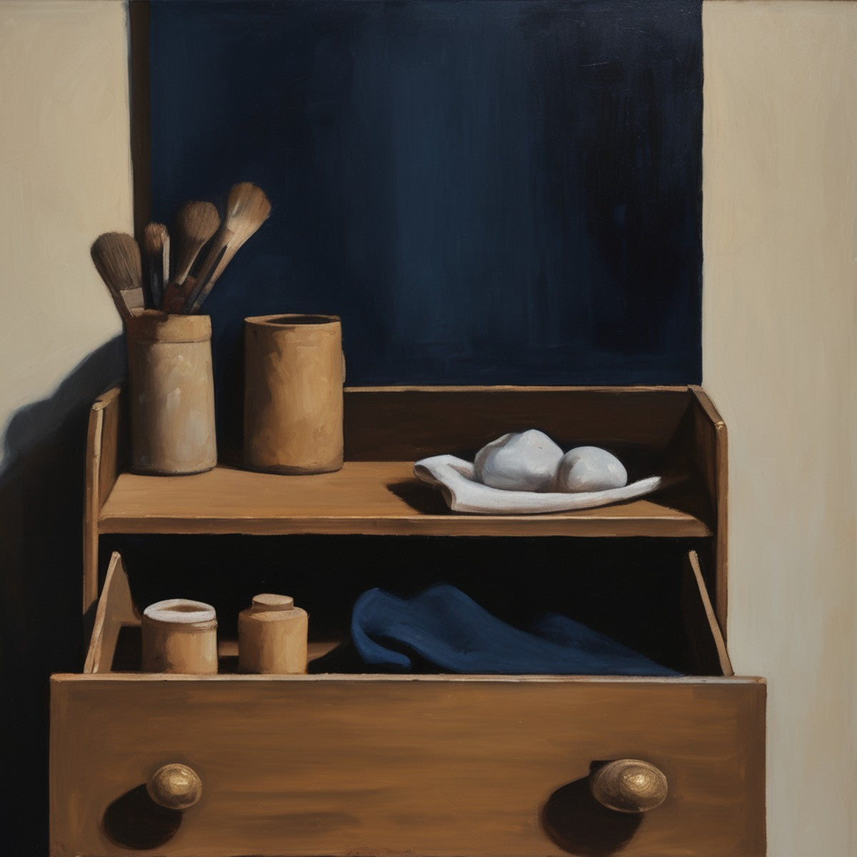 Painting of an open wooden drawer