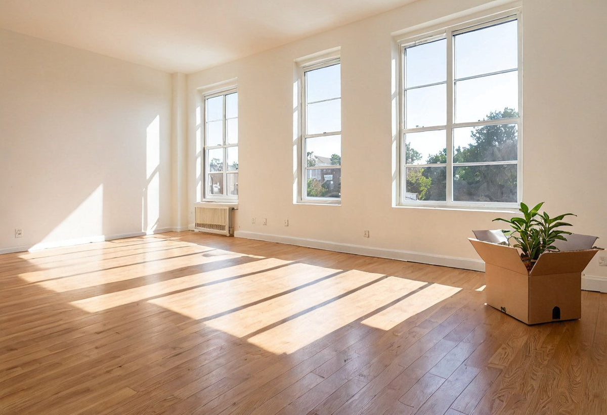 Sunny empty first apartment with a moving box and a plant