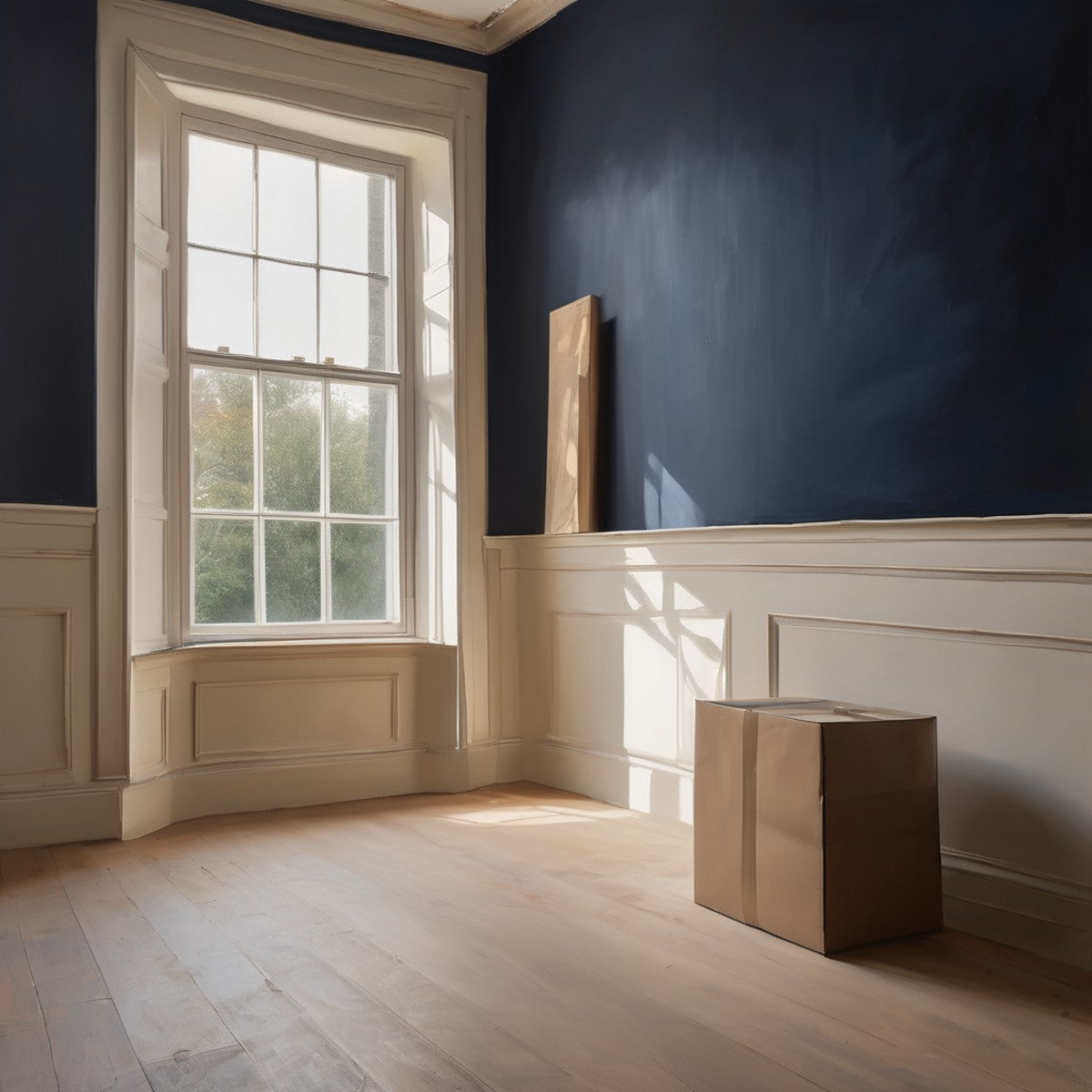Painting of an empty room with a moving box